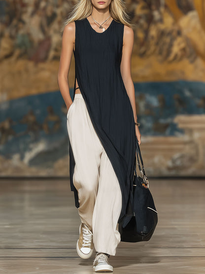 Sleeveless Irregular-hem Top And Trousers Cotton And Linen Set