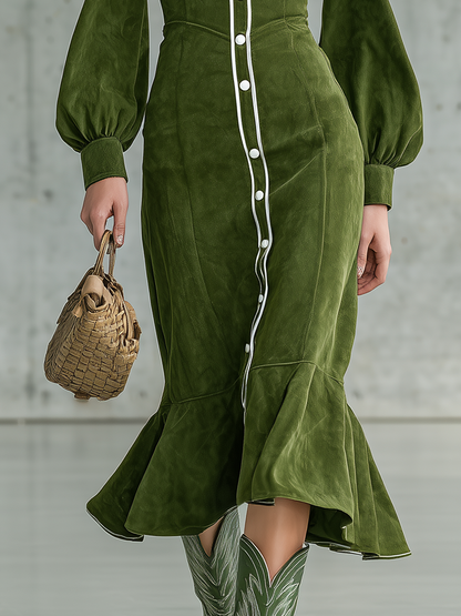 Retro Western-style Contrasting Color Trim Faux Suede Midi Dress