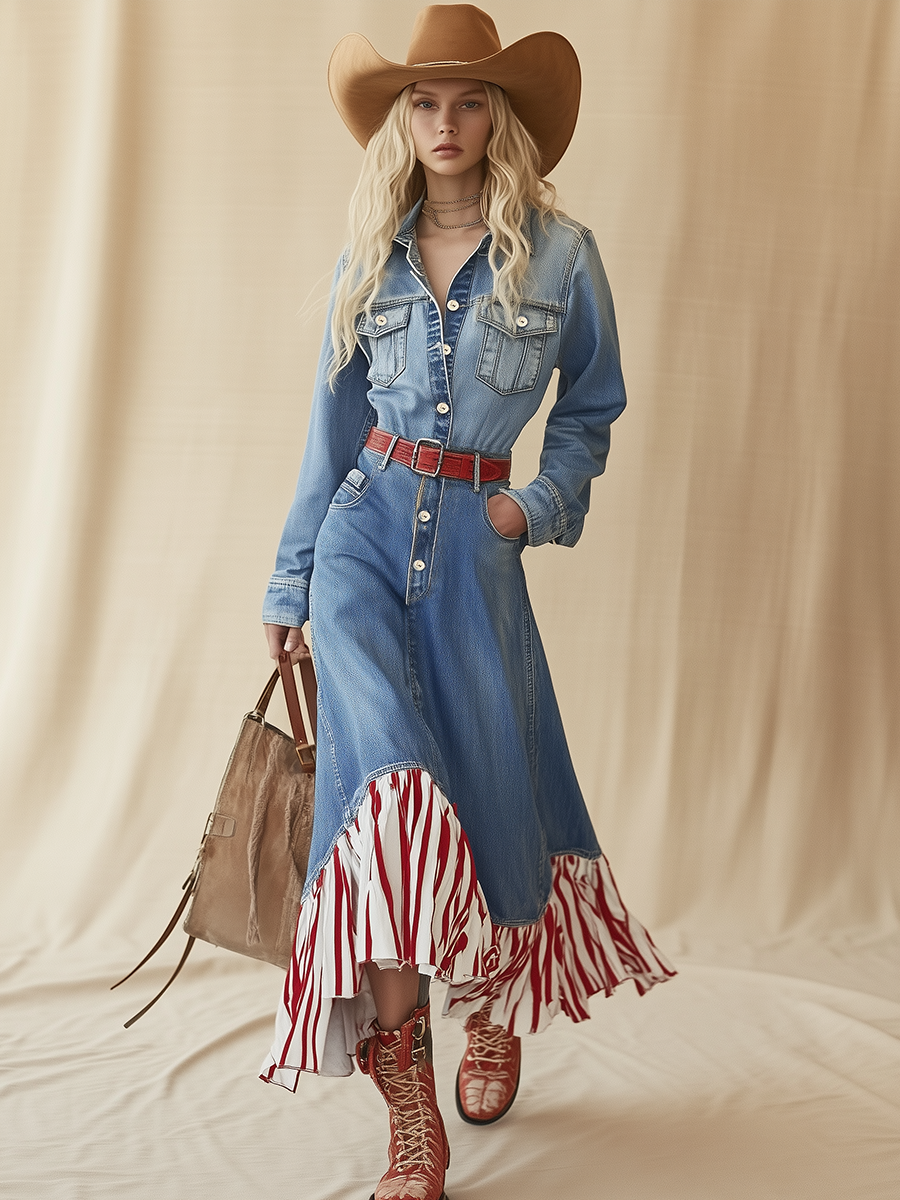 Retro Chic Red Striped Hem Blue Denim Maxi Dress