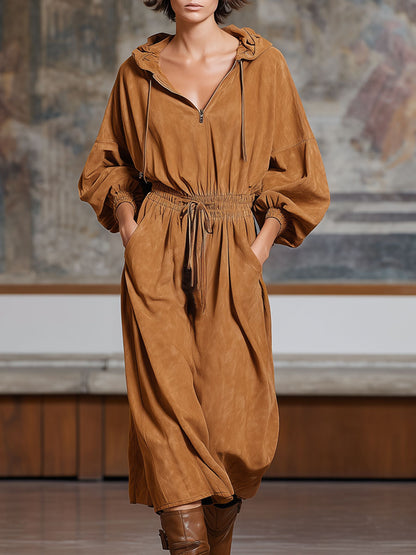 Hooded Double-pocket Faux Suede Long-sleeved Midi Dress