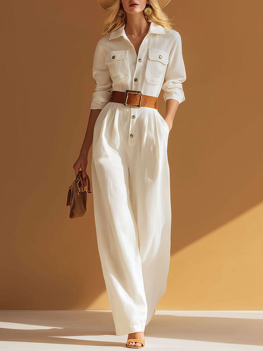 Stylish And Casual Lapel Collar Button-up White Cotton And Linen Jumpsuit