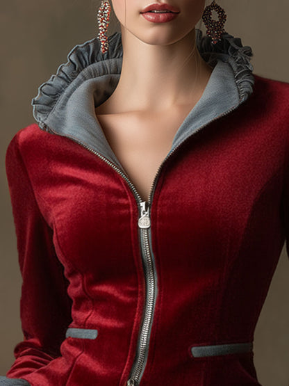 Fashionable Retro Red Velvet Denim Ruffled Zip-up Jacket