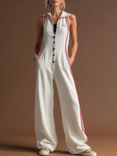 Sporty Retro Red Ribbon White Cotton Sleeveless Jumpsuit