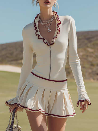 Fashionable Sporty Red Trim V-neck Beige Zip-up Mini Dress