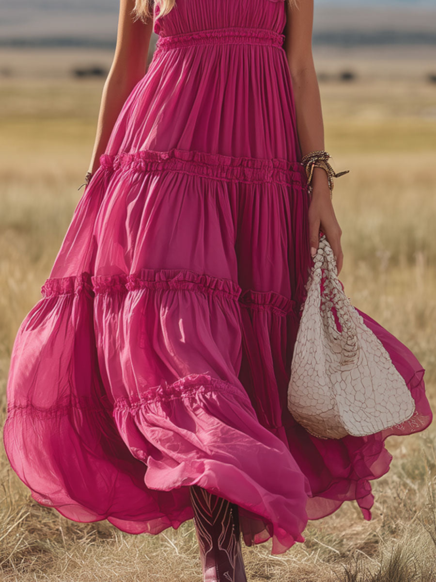 Western Retro Rose Red Chiffon Ruffled Sleeveless Maxi Dress