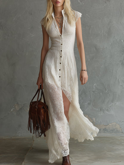 Elegant Vintage Off-white Lace Sleeveless Maxi Dress