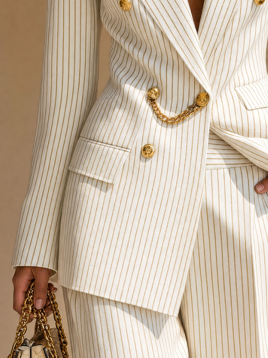 Retro-elegant Beige Striped Double-breasted Blazer