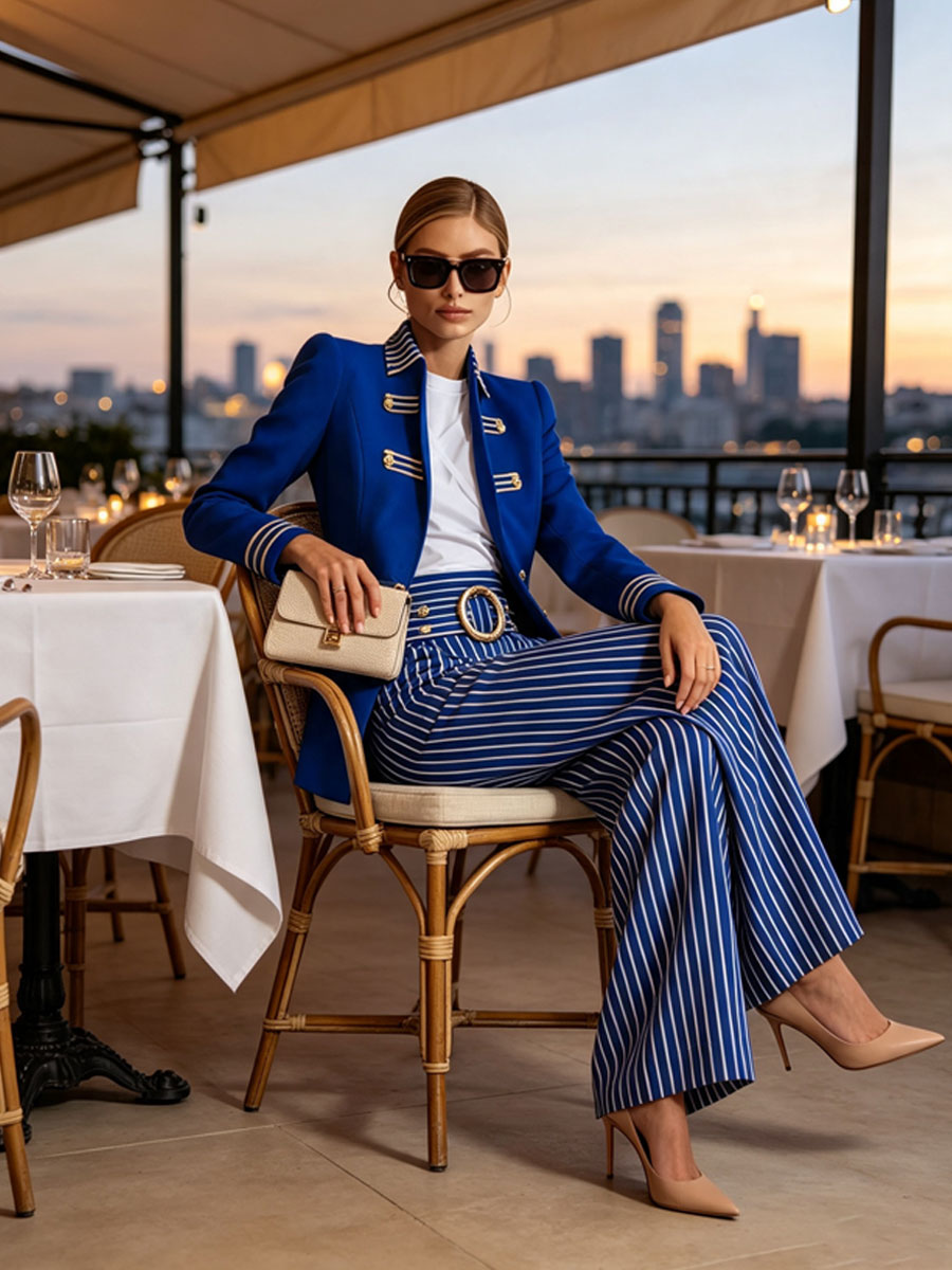 Retro-elegant Fitted Gold Ribbon Royal Blue Blazer