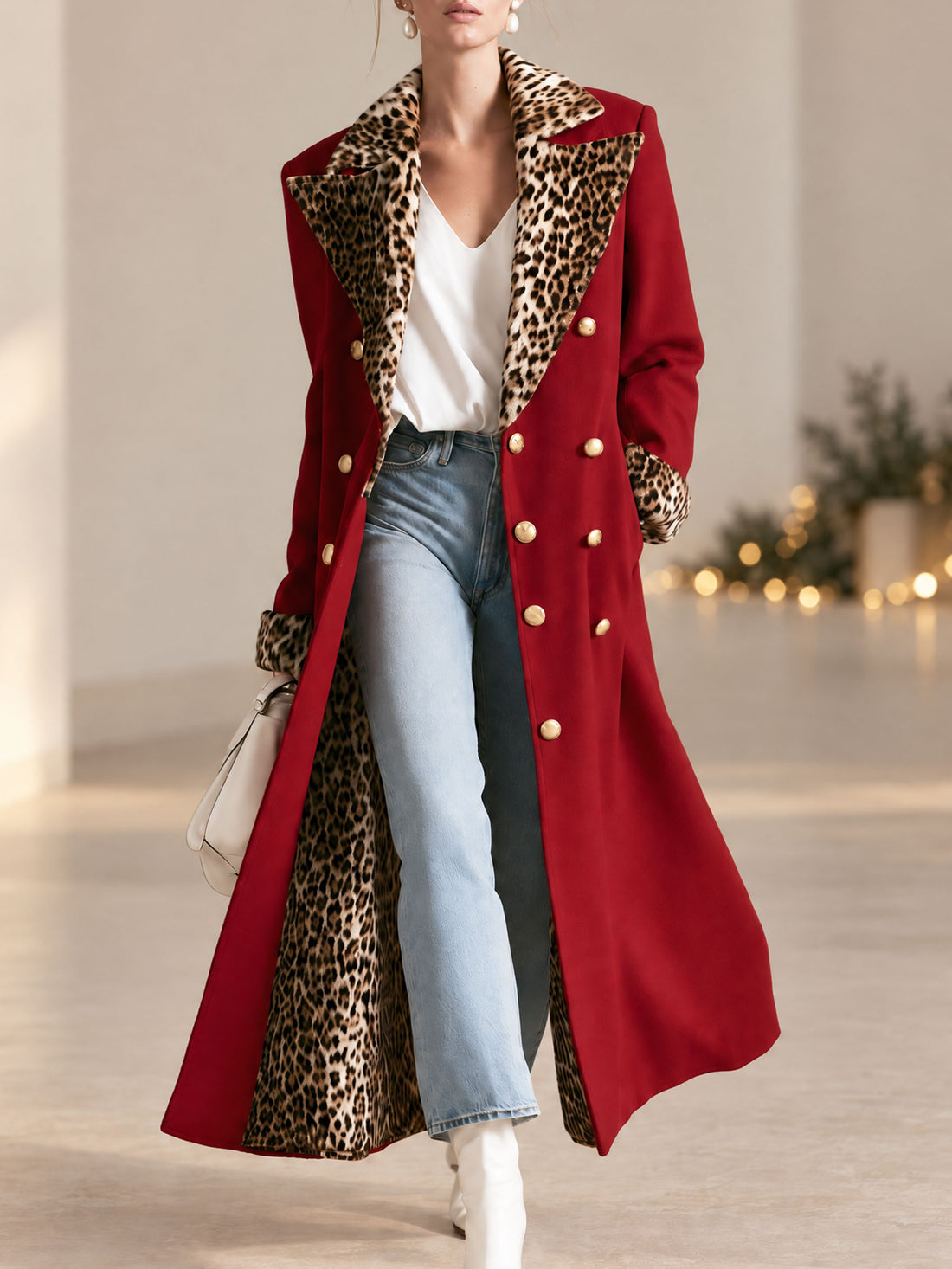 Elegant Retro Velvet Leopard Print Patchwork Red Coat