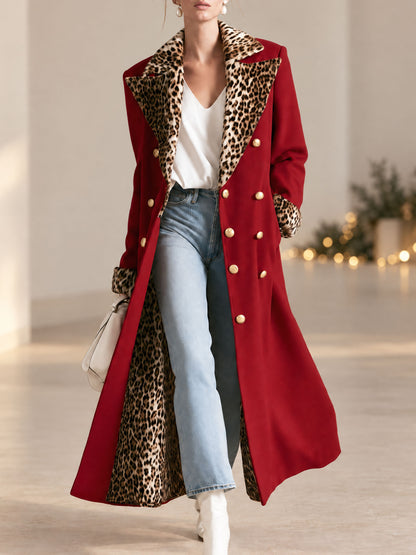 Elegant Retro Velvet Leopard Print Patchwork Red Coat