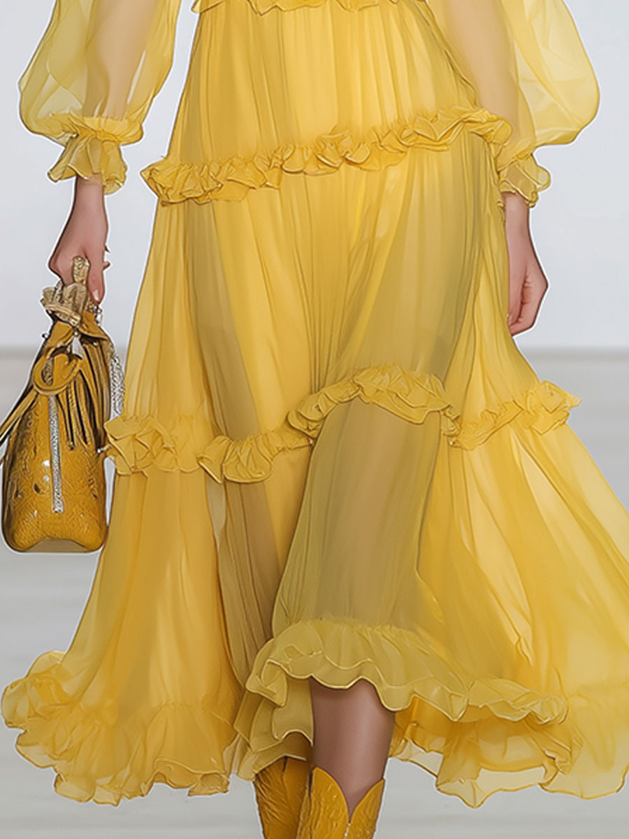 Stylish And Elegant Yellow V-neck Chiffon Midi Dress