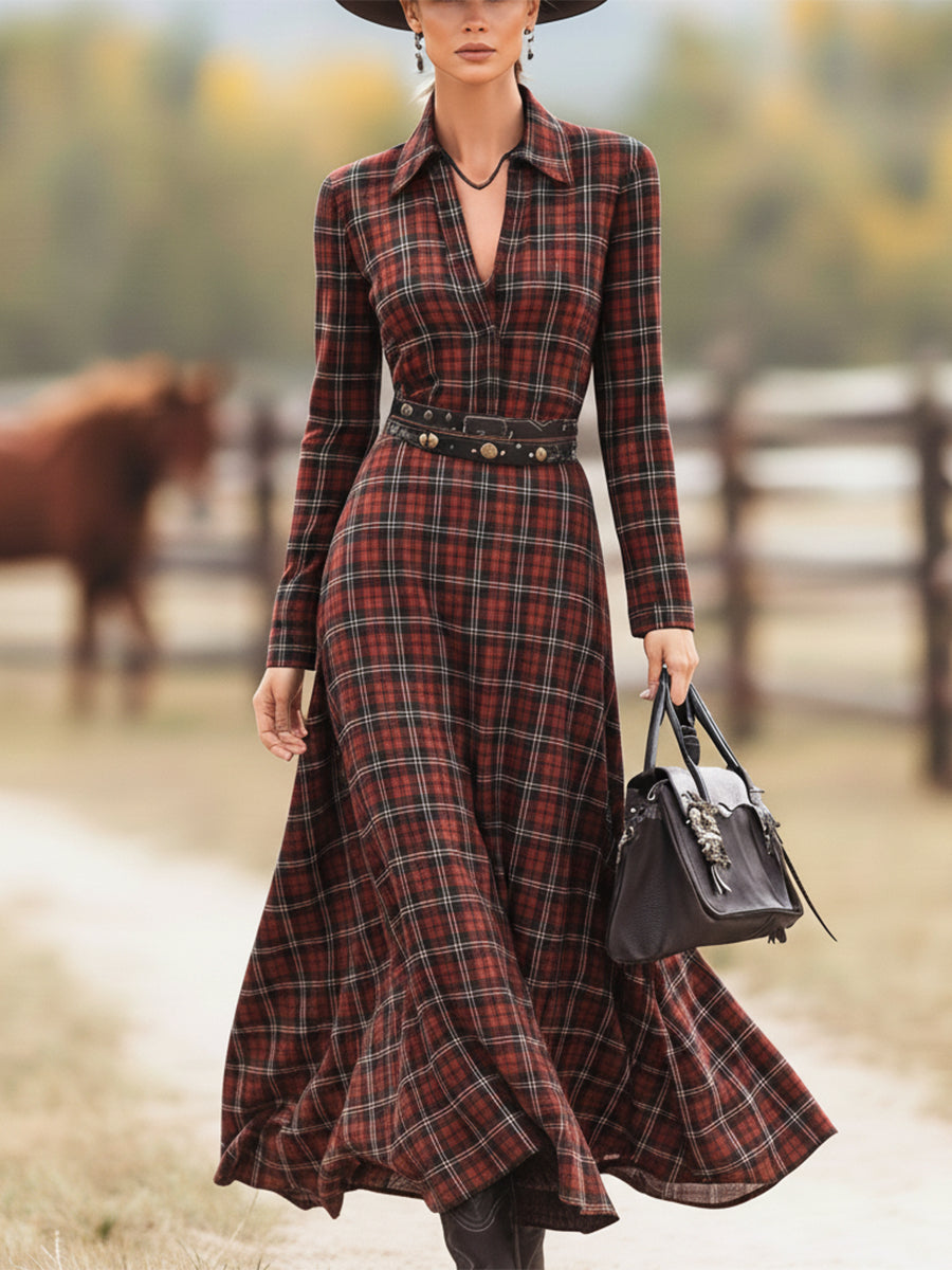 Western Red And Green Plaid Pure Cotton Maxi Dress
