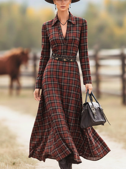 Western Red And Green Plaid Pure Cotton Maxi Dress