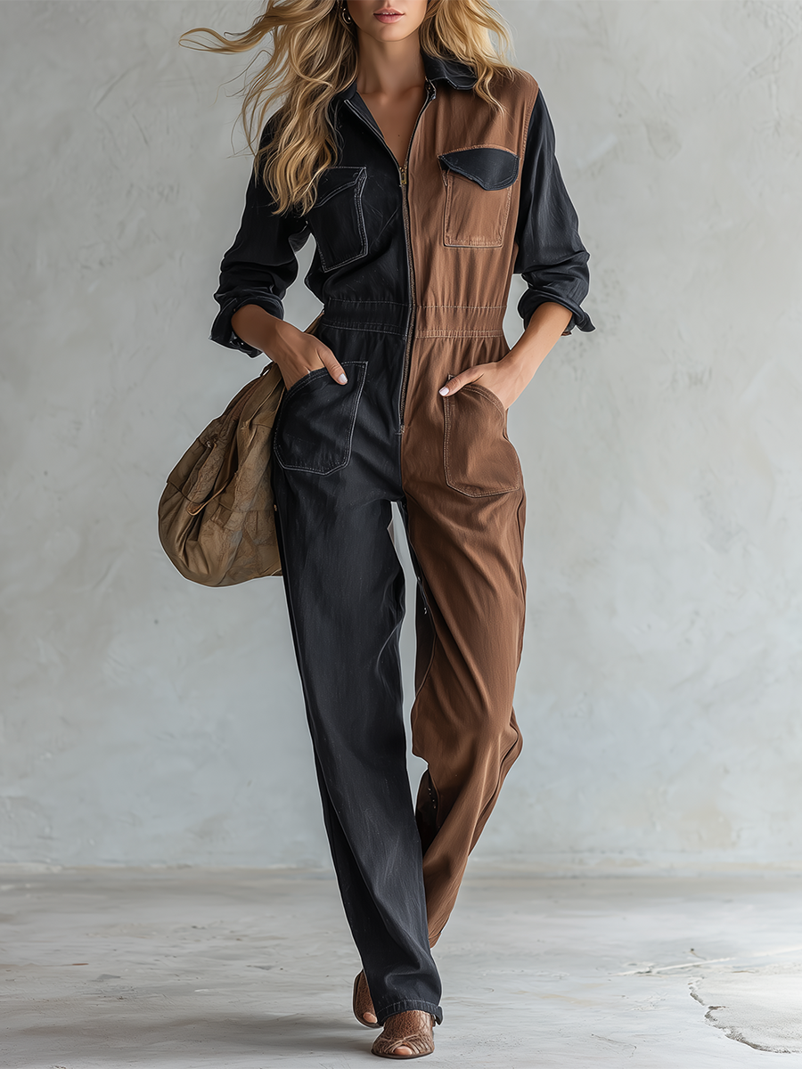 Western Vintage Zip-front Black-and-brown Contrast Denim Jumpsuit