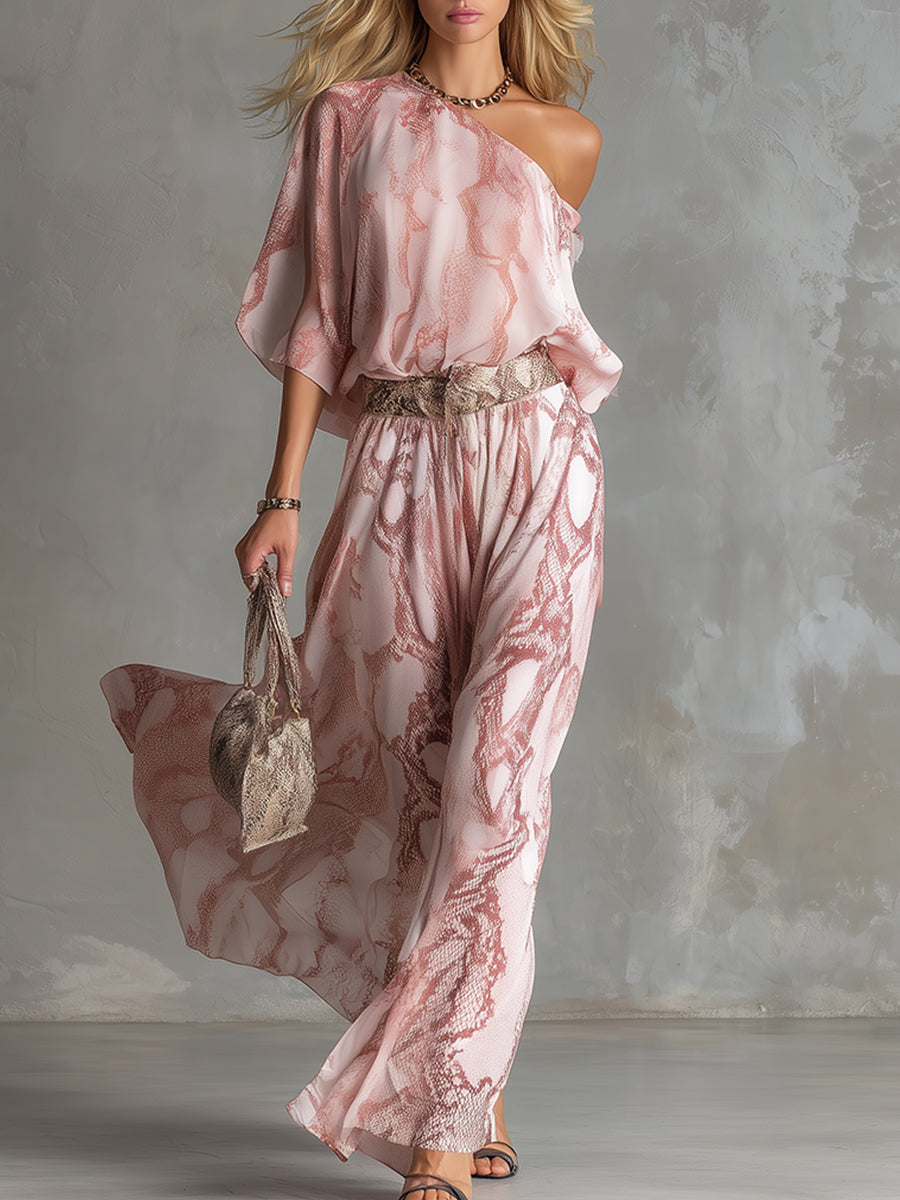 Retro Urban Style Pink Snake Print One-shoulder T-shirt And Wide-leg Pants Set