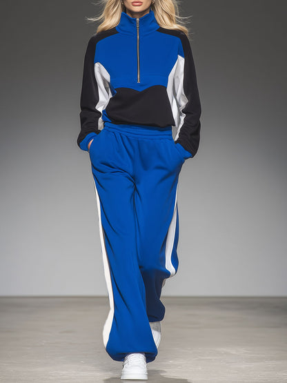 Color-blocked Half-open Collar Sweatshirt And Casual Pants Set