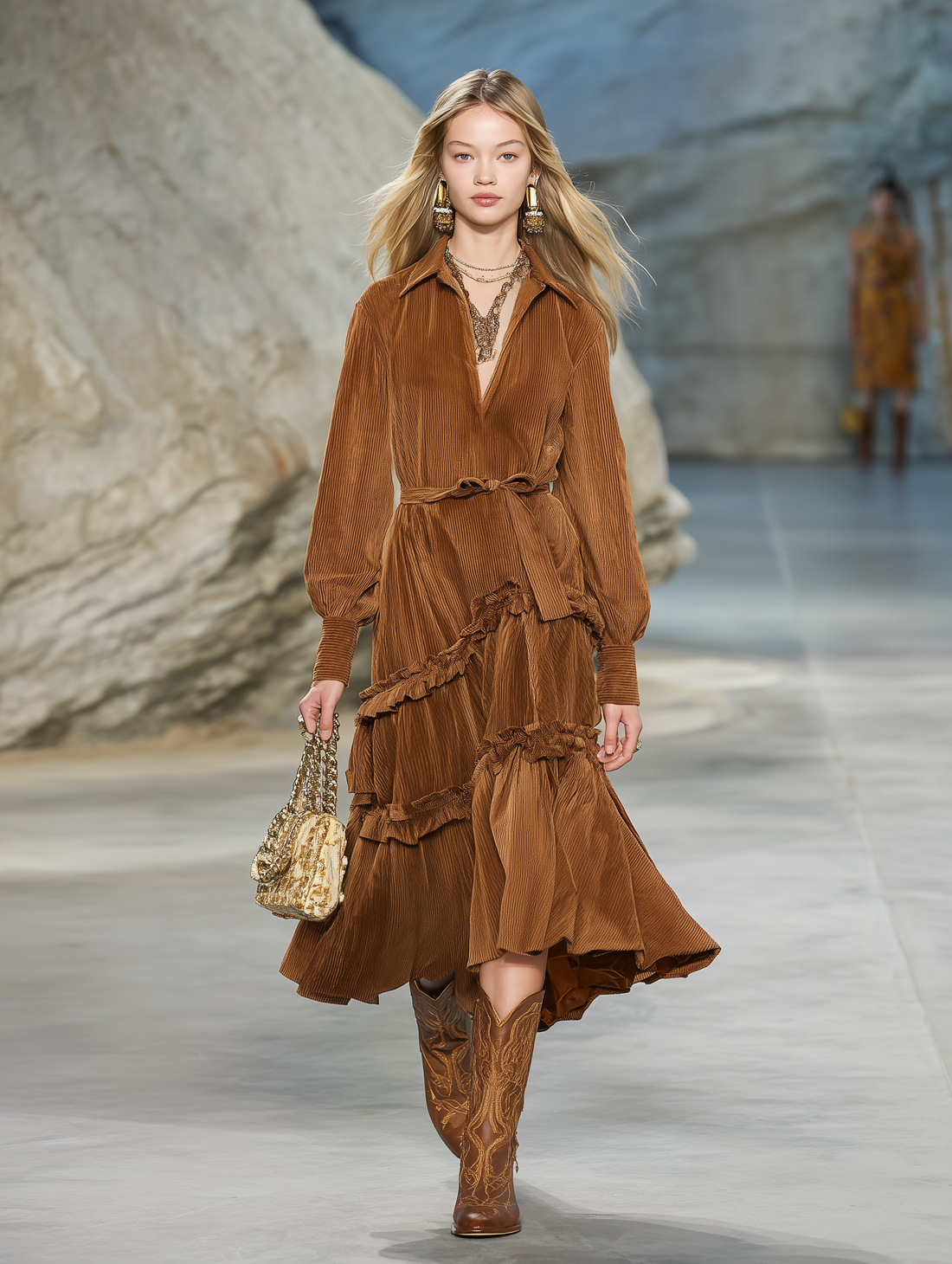 Vintage Brown Corduroy Ruffled Belted Midi Dress