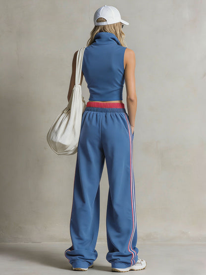 Retro Sporty Embroidered Blue Cotton Sleeveless Top And Balloon Pants Set