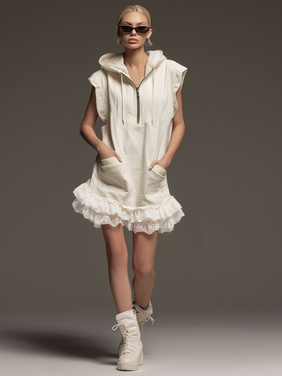 Casual Retro Lace Ruffled Off-white Tencel Denim Hooded Mini Dress