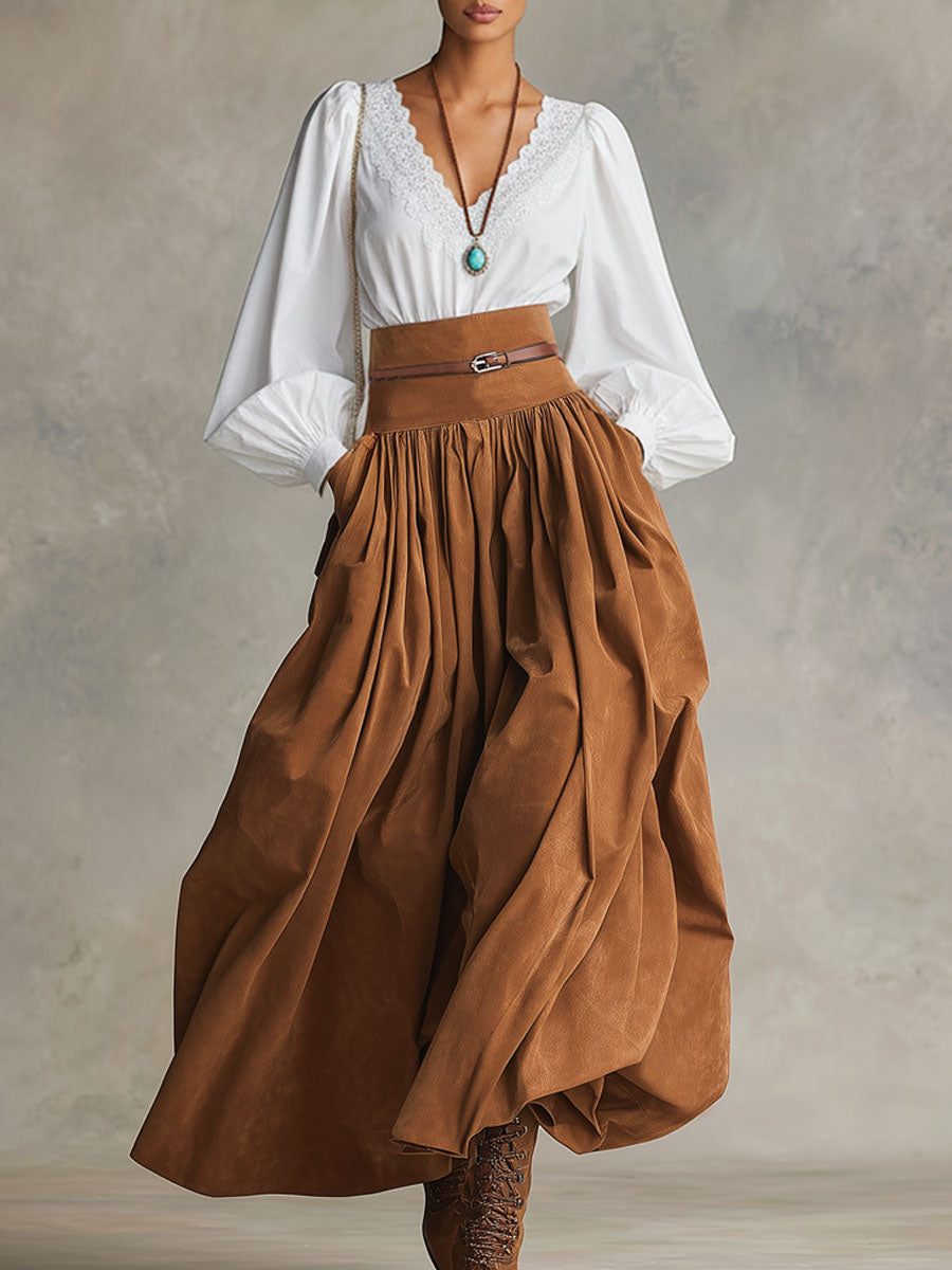 Retro-style Faux Suede High-waisted Pleated Midi Skirt