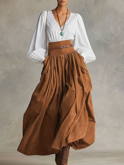 Retro-style Faux Suede High-waisted Pleated Midi Skirt