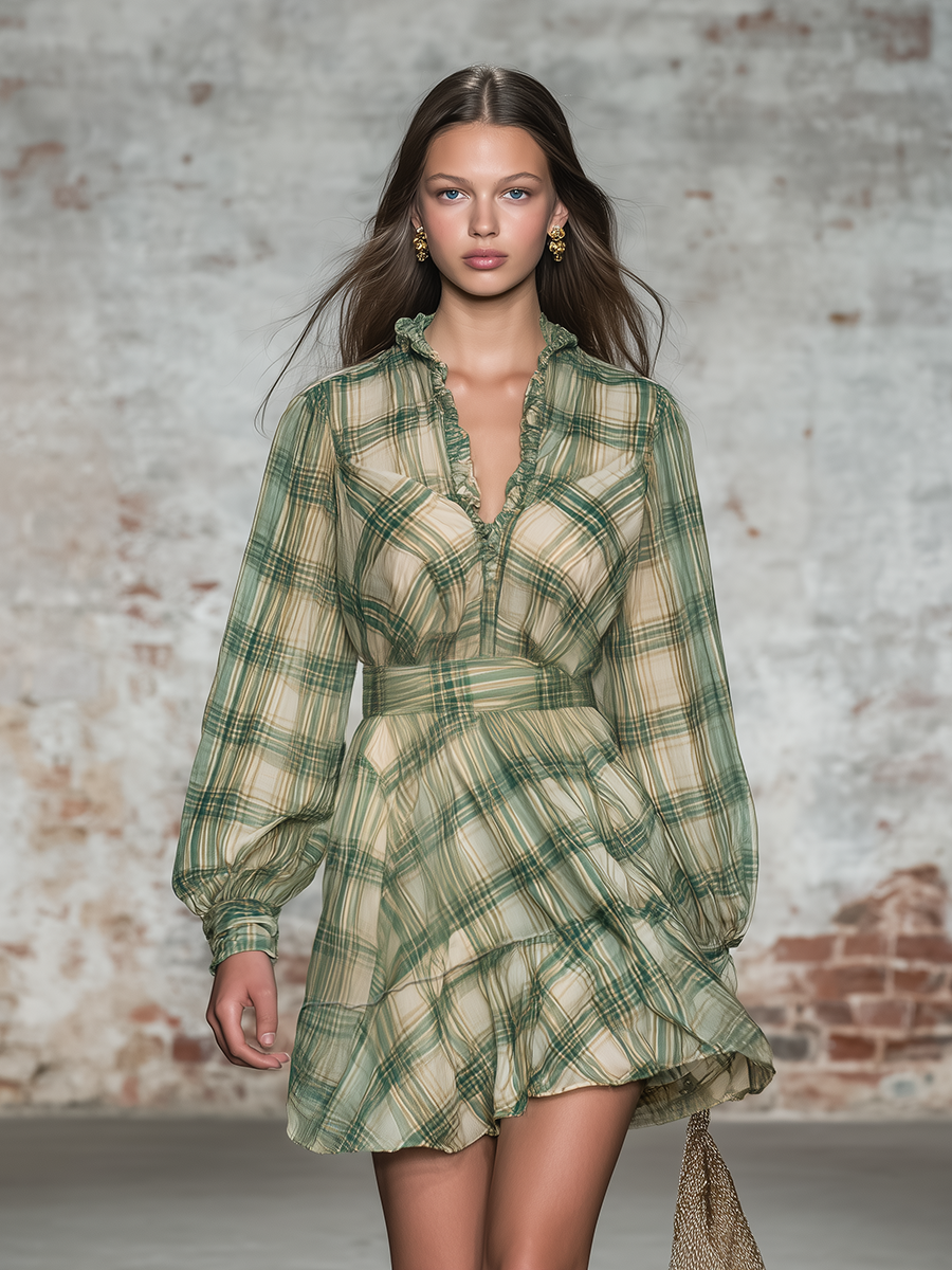 Retro V-neck Plaid Chiffon Mini Dress