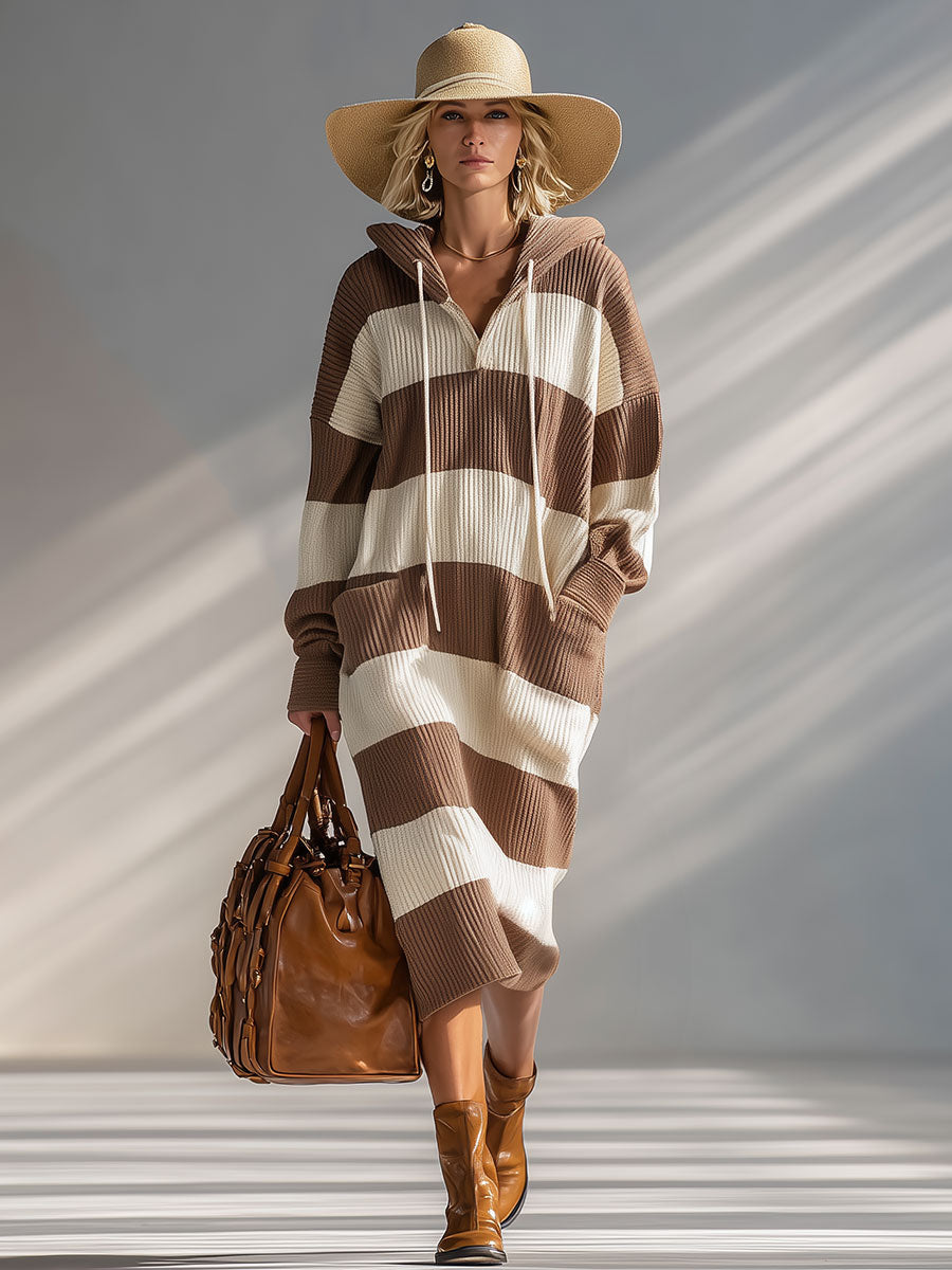 Stylish And Casual Brown And White Striped Hooded Knit Midi Dress