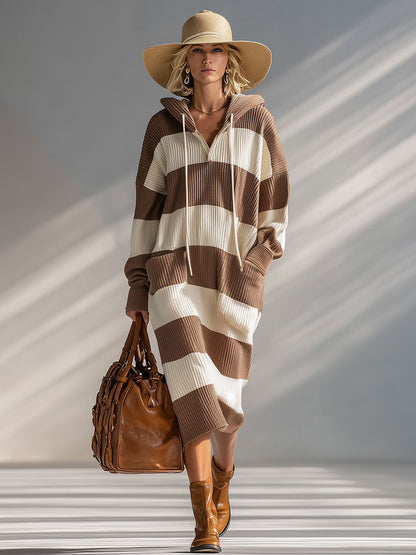 Stylish And Casual Brown And White Striped Hooded Knit Midi Dress