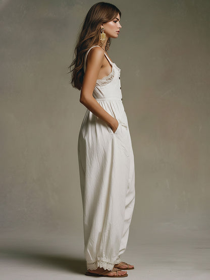 Casual Retro Lace White Cotton Balloon Overalls