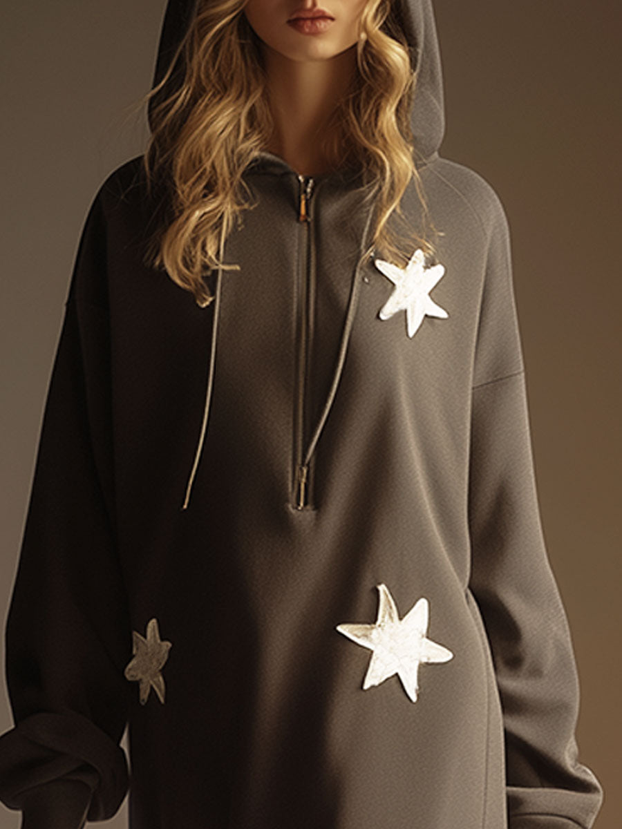 Fashionable Retro White Star Gray Sweatshirt Style Midi Dress