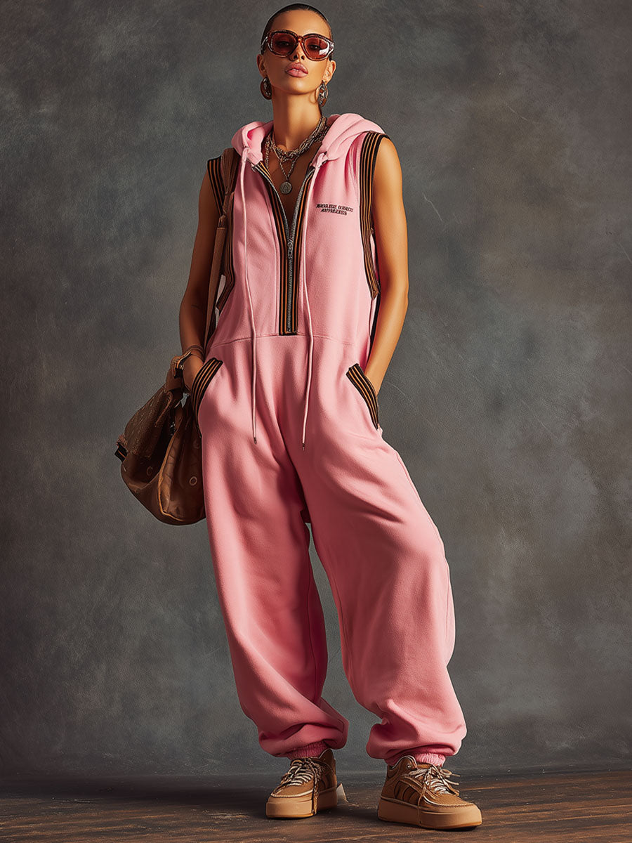 Sporty Retro Ribbon Embroidered Pink Cotton Blend Sleeveless Hooded Jumpsuit