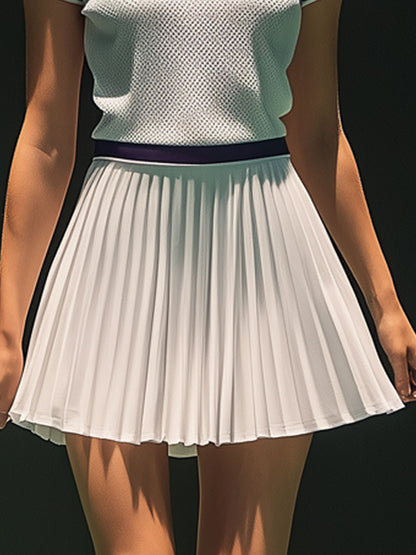 Fashion Sports Purple Trim White Polo Shirt Pleated Skirt Set