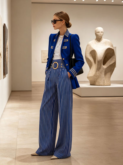 Retro-elegant Fitted Gold Ribbon Royal Blue Blazer