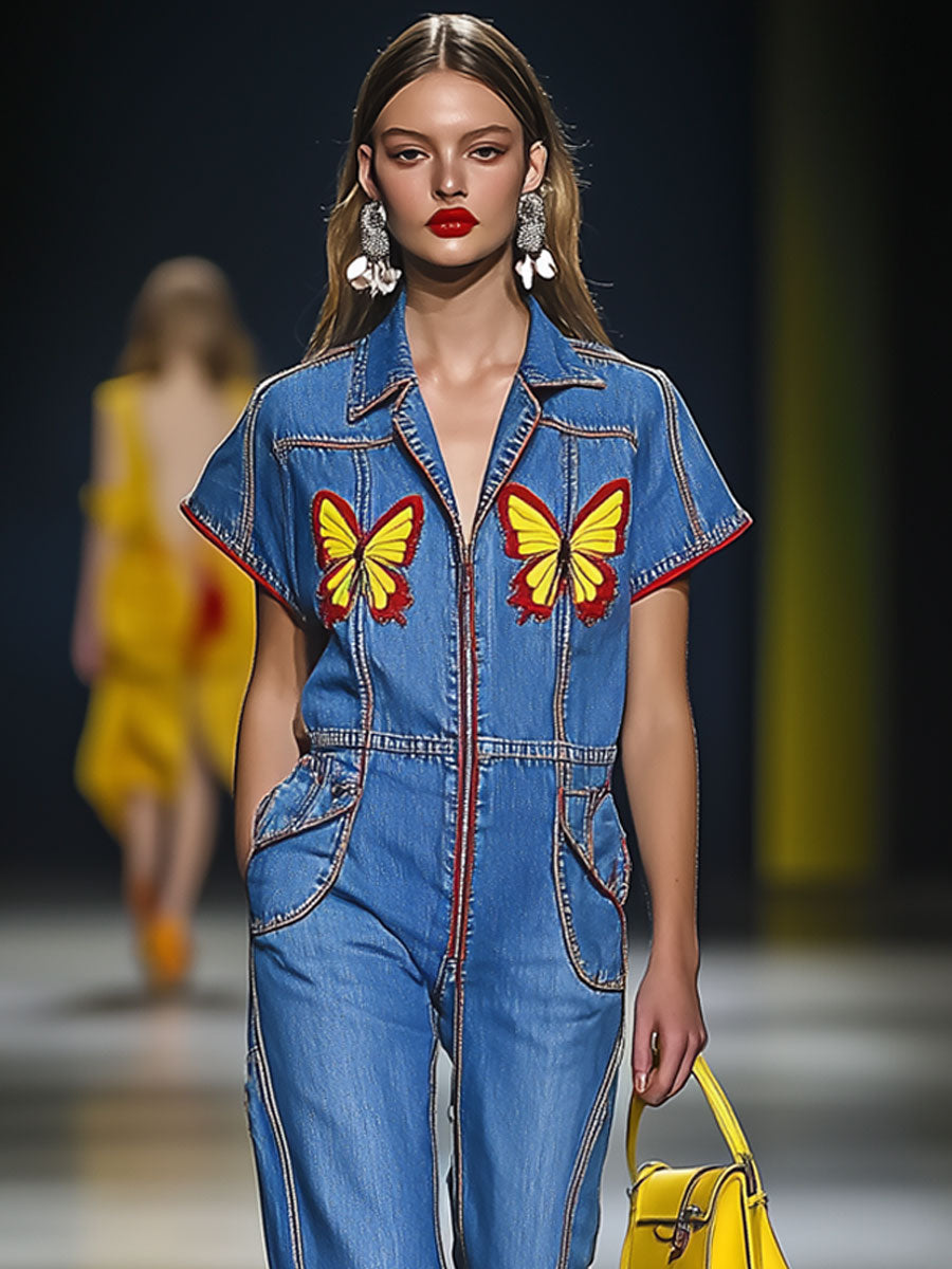 Casual Loose Retro Denim Butterfly Embroidery Short Sleeve Zipper Jumpsuit