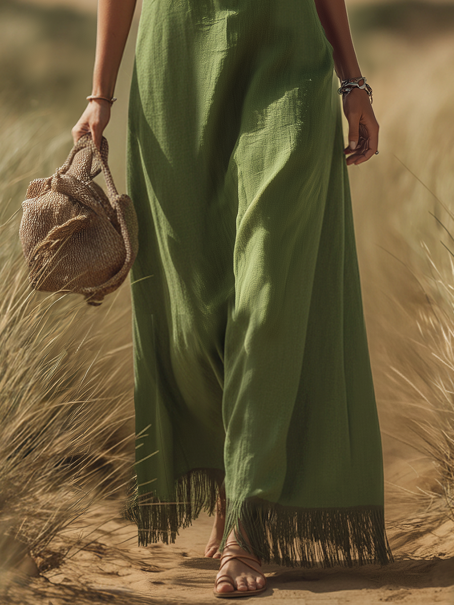 Bohemian Ethnic Style V-neck Sleeveless Embroidered Tassel Maxi Dress