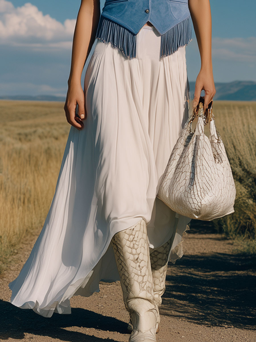 Western Retro White Chiffon Long Skirt