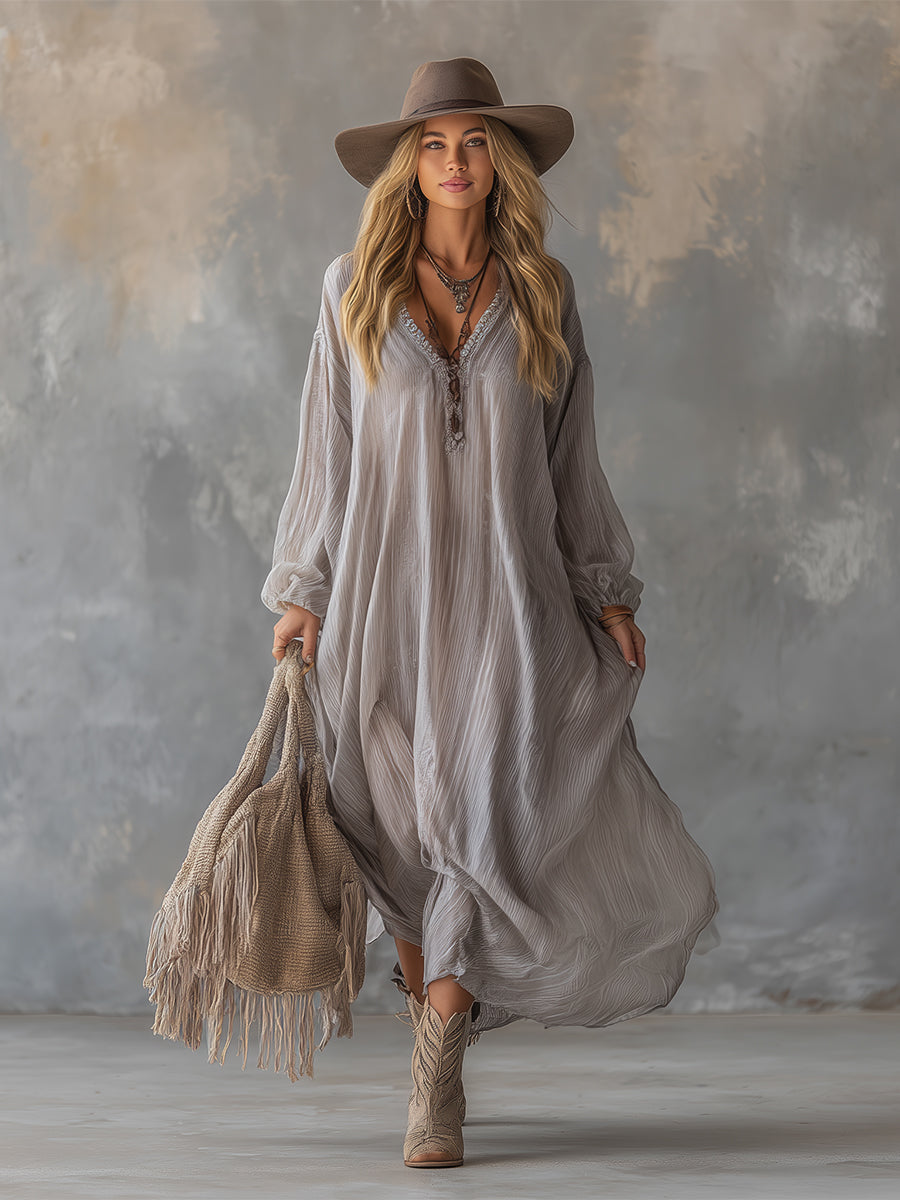 Lazy And Elegant V-neck Light Gray Crinkled Chiffon Maxi Dress