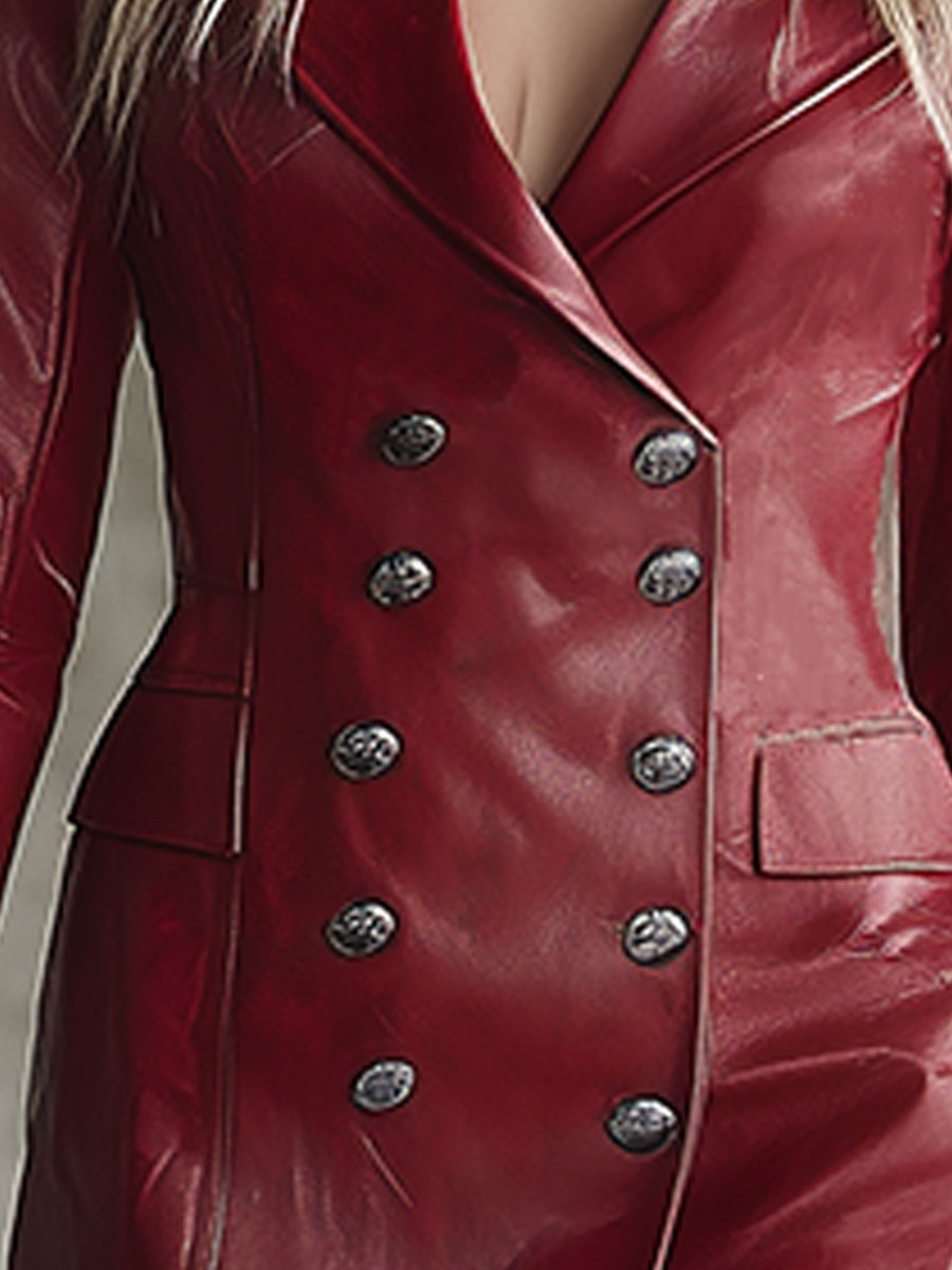 Stylish Retro-style Red Double-breasted Faux Leather Mini Dress