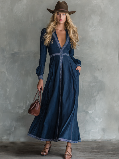 Bohemian Vintage Tape-trim Deep V-neck Cinched-waist Denim Dress
