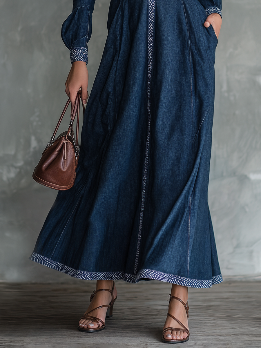 Bohemian Vintage Tape-trim Deep V-neck Cinched-waist Denim Dress
