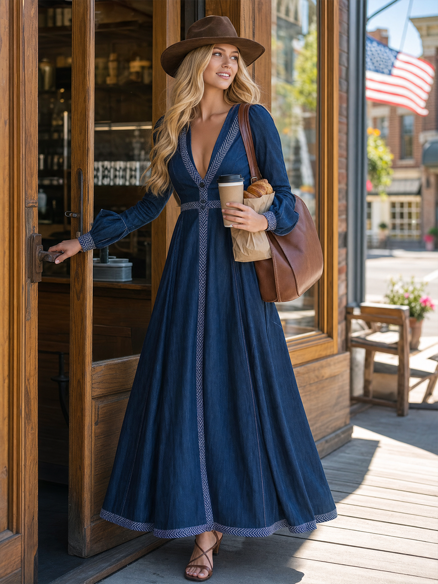 Bohemian Vintage Tape-trim Deep V-neck Cinched-waist Denim Dress