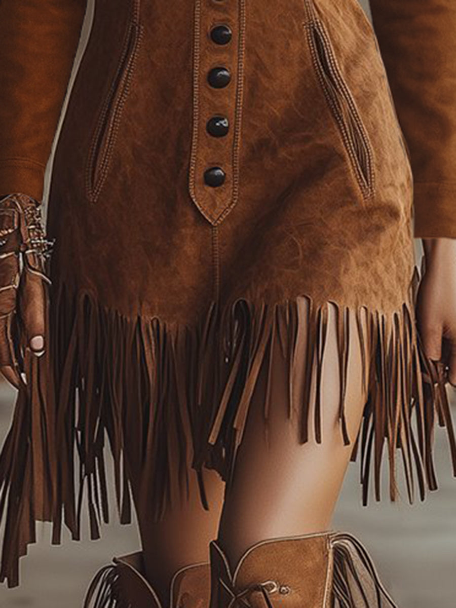 brown western mini dress Hduncf Women's Faux Suede Fringe Cowgirl Western Style Mini Dress Sleeveless Solid Color Bodycon Summer Outfit Brown L