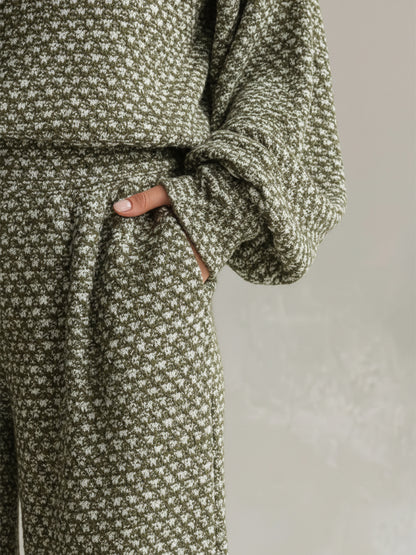 Elegant And Comfortable Olive Green Textured Thin Knit Top And Wide-leg Pants Set
