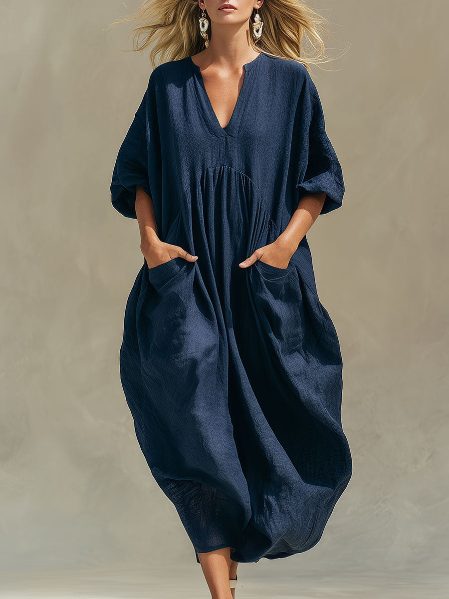 Casual Loose-fitting Blue Short-sleeved Tencel Denim Midi Dress