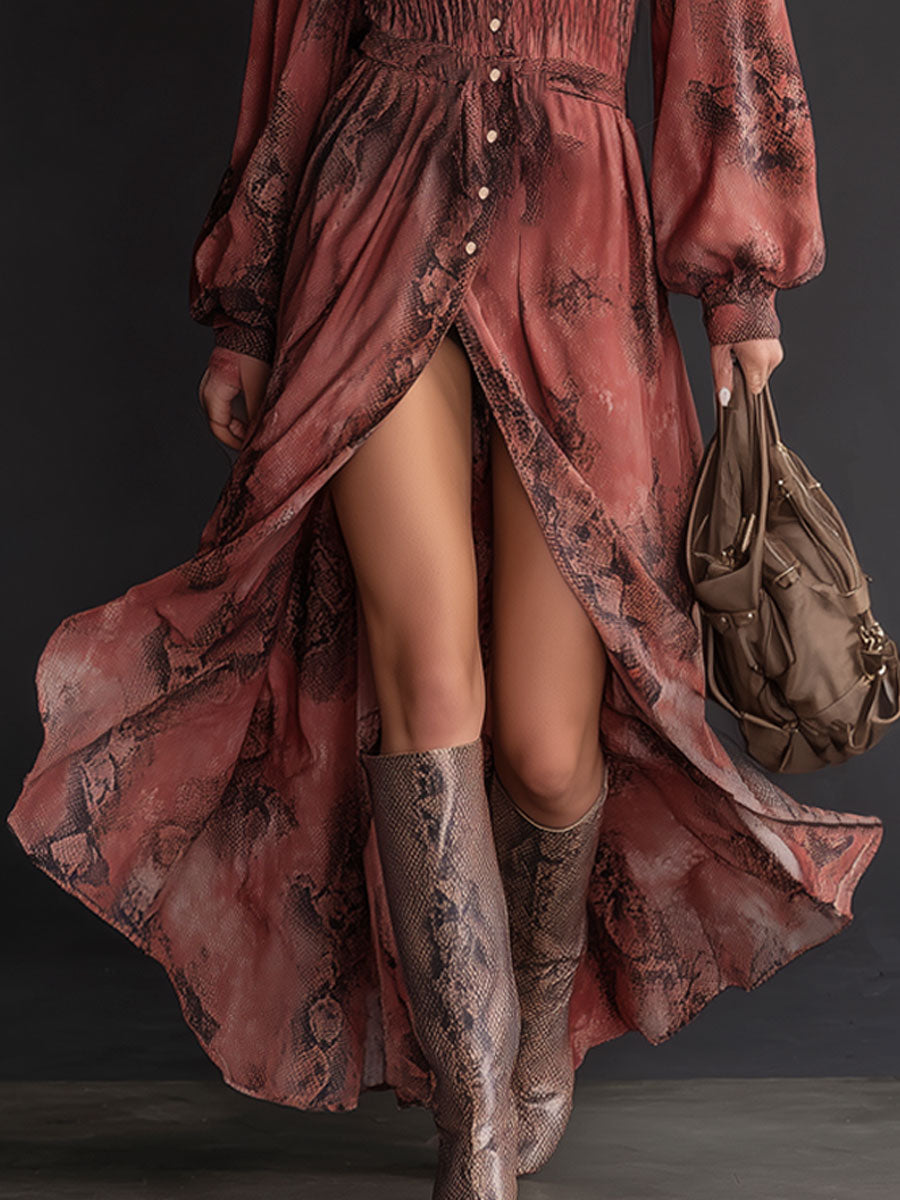 Fashionable Retro Brick Red Chiffon Snakeskin Elastic Waist Long Sleeve Maxi Dress