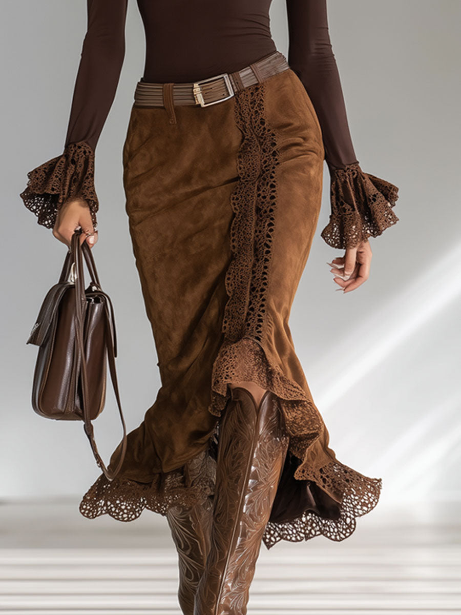 A Fitted Stand-up Collar Zip-up Long-sleeved Top And Faux Suede Skirt Set