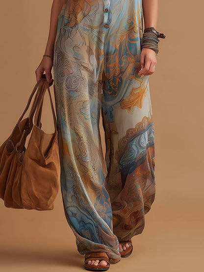 Vacation Retro Bohemian Print Chiffon Sleeveless Wide-Leg Jumpsuit