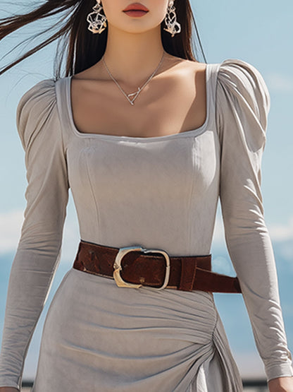 Western-style Vintage Chiffon And Gray Faux Suede Midi Dress