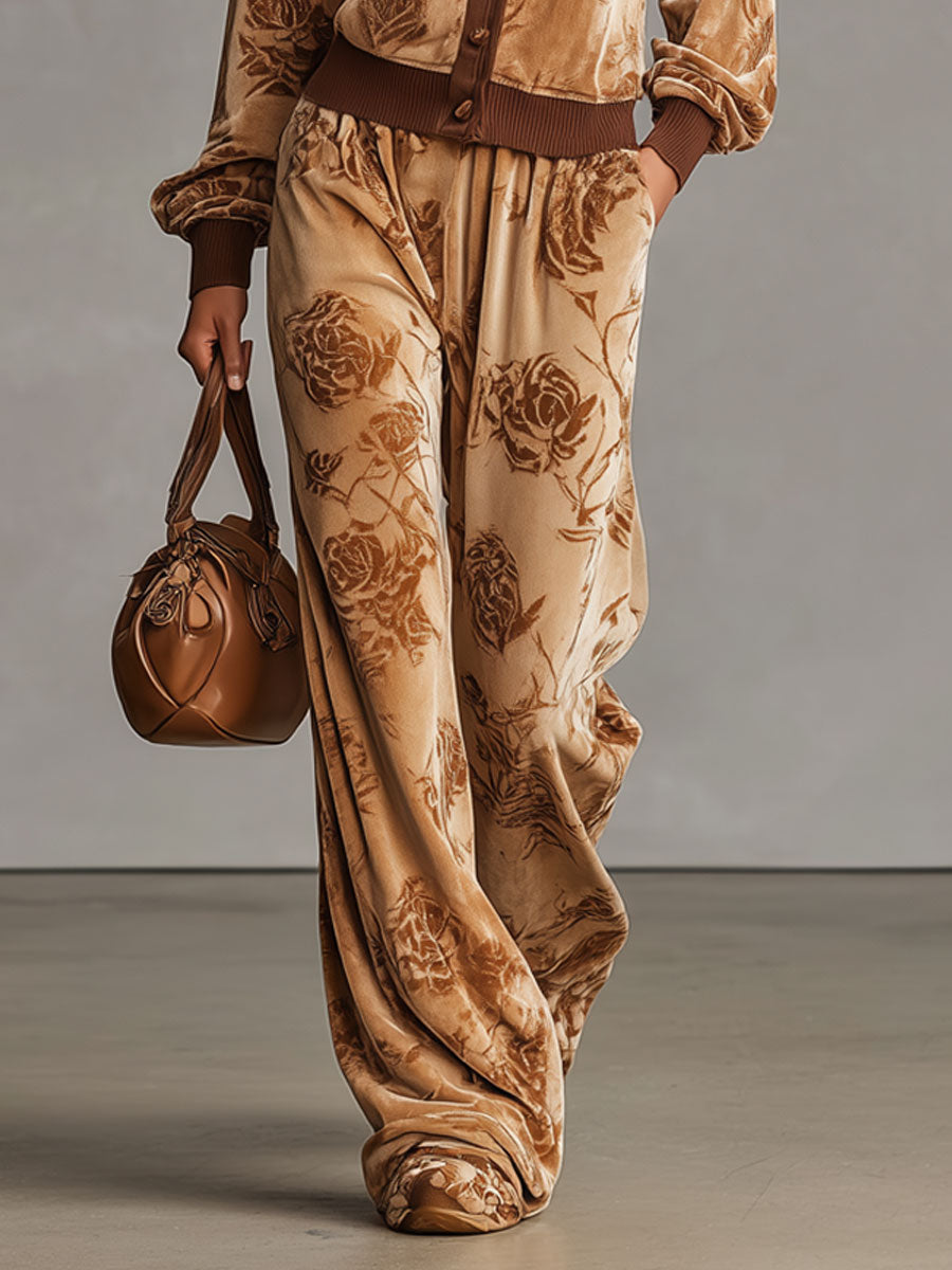 Sporty Retro Camel Rose Velvet Cardigan Sweatshirt Wide-Leg Pants Set