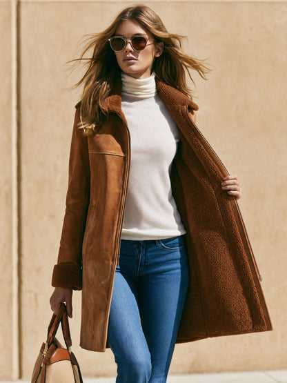 Casual Retro Fleece-lined Camel-colored Faux Suede Mid-length Coat